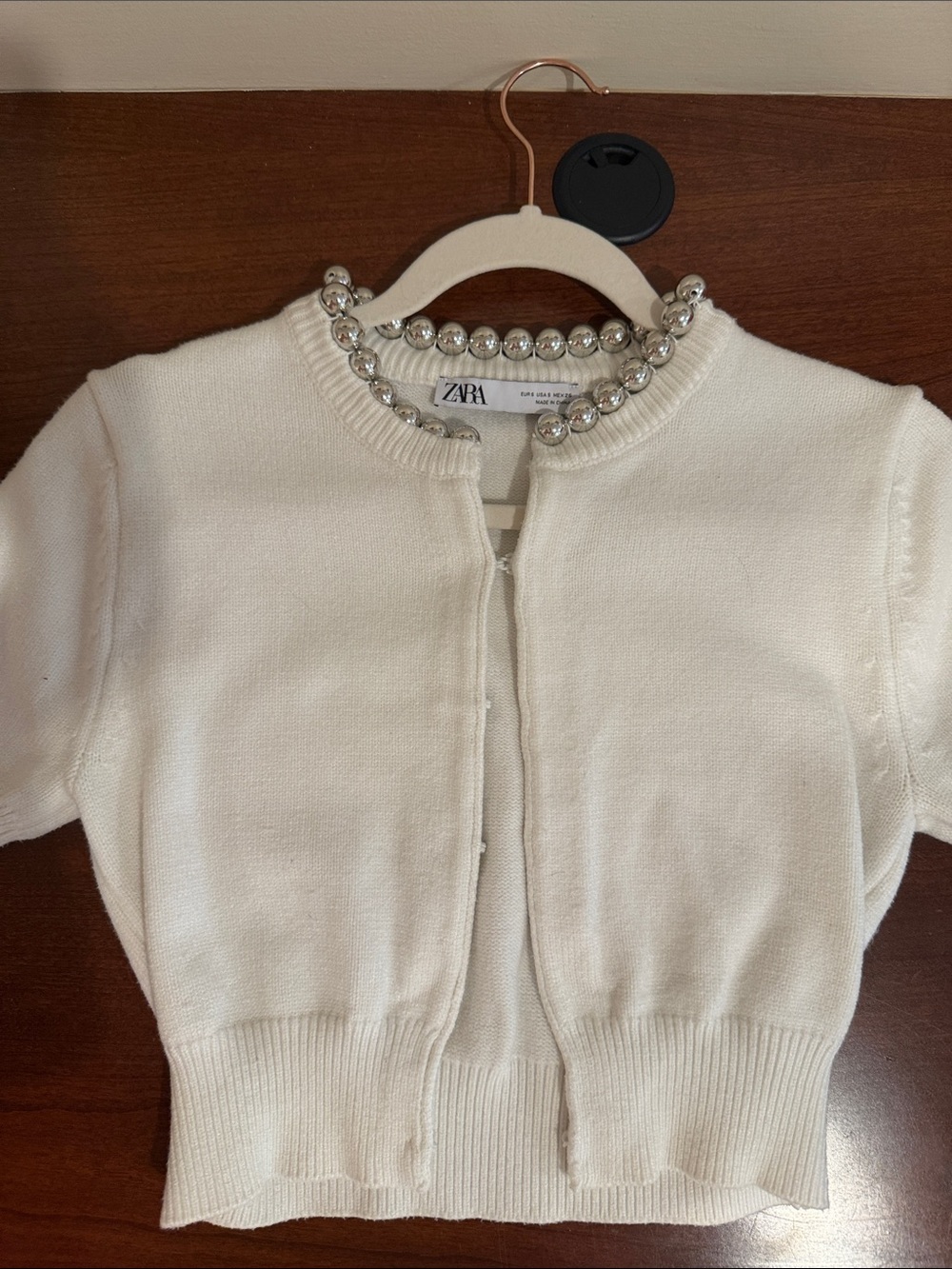 Zara Cream Short-Sleeve Pearl-Trim Cardigan